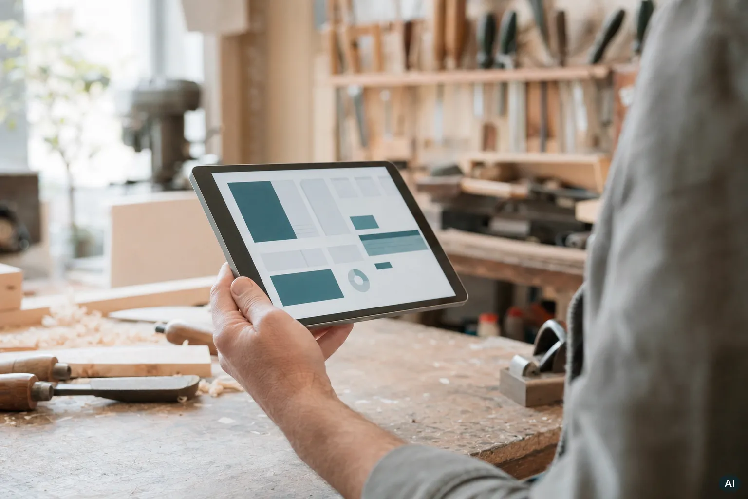 KI-generiertes Bild: Hand eines Handwerkers hält ein Tablet in der Werkstatt