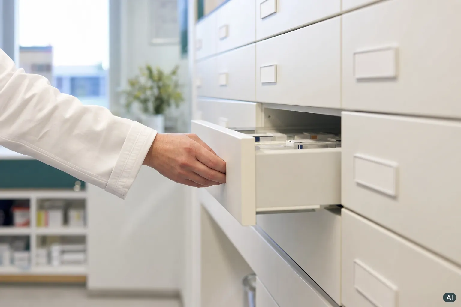 KI-generiertes Bild: Hand einer Apothekerin zieht eine Schublade aus dem Arzneimittelschrank