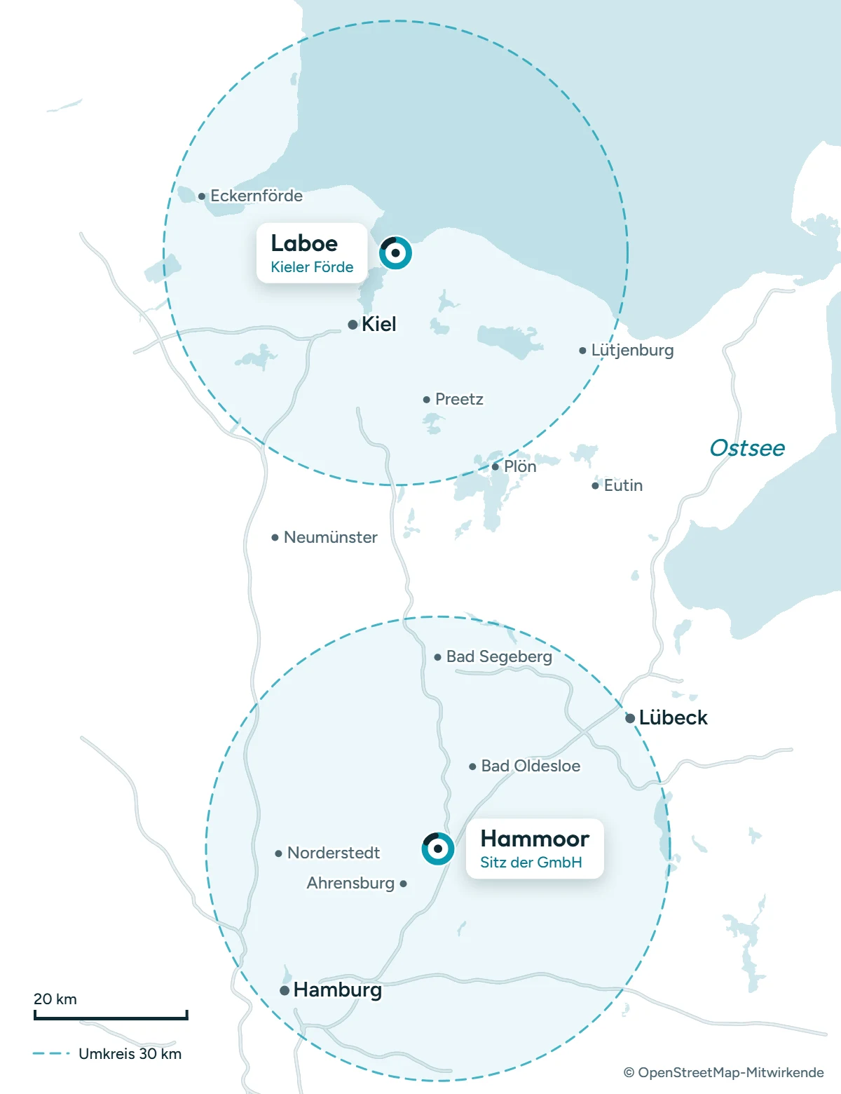 Karte von Hamburg bis zur Kieler Förde mit den B1-Standorten Hammoor (Kreis Stormarn) und Laboe (an der Kieler Förde), jeweils mit einem Umkreis von 30 Kilometern. Hammoor liegt zwischen Hamburg, Bad Oldesloe und Ahrensburg, Laboe gegenüber von Kiel.
